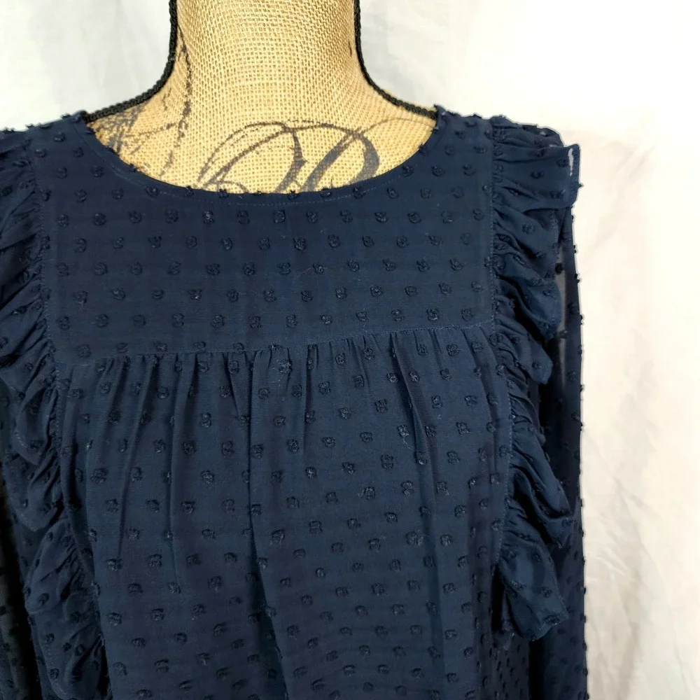 J.CREW Size 12 Navy Blue French Dot Pleated Ruffle Sheer Sleeve Keyhole Blouse‎